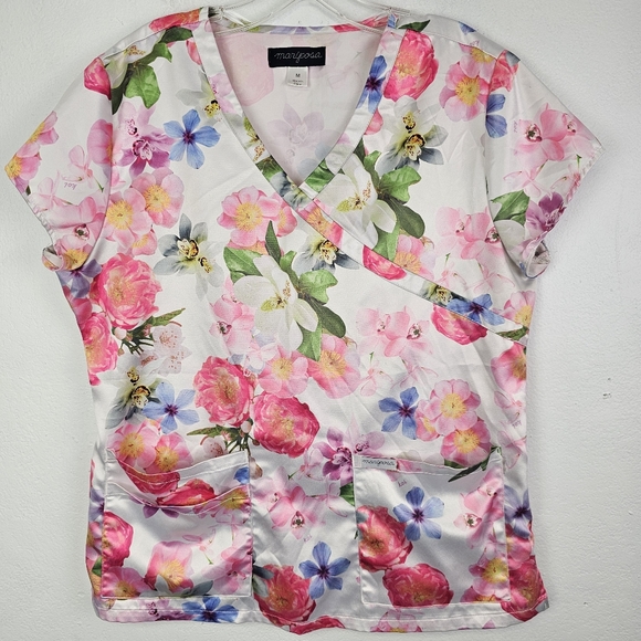 Mariposa Scrub Top Satiny Floral Pockets Sz M Nurse Medical Professional - Picture 1 of 11